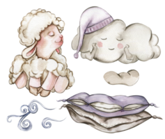 acuarela mano dibujado linda blanco mullido oveja, nubes y suave almohadas ilustración de granja bebé animal .perfecto para Boda invitación, saludos tarjeta, carteles, tela patrones. png