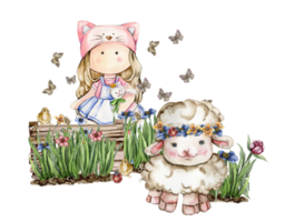 niña tilda muñeca y blanco mullido ovejas sentado en el césped con flores y mariposas acuarela mano dibujado ilustración de granja bebé animal . Perfecto para saludos tarjeta, póster, tela modelo. png