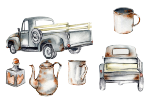 Vintage watercolor gray trucks and rusty garden equipment, hand drawn illustration of old car . png