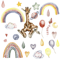 Watecolor hand drawn giraffe illustration and rainbow. png