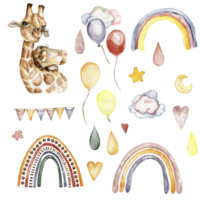 Watecolor hand drawn giraffe illustration and rainbow. png