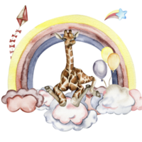 waterverf hand- geschilderd schattig regenboog.en giraffe illustratie. ontwerp voor baby douche partij, verjaardag, taart, vakantie ontwerp, groeten kaart, uitnodiging. png