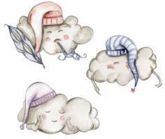 Watercolor hand drawn cute white sleeping clouds in cartoon style. png