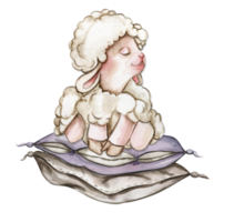 acuarela mano dibujado linda blanco mullido oveja sentado en el suave almohada. ilustración de granja bebé animal perfecto para Boda invitación, saludos tarjeta, cartel, tela modelo. png