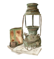 Watercolor illustration of old rusty green kerosene lamp. An old rusty enamel element. png