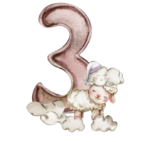 Watercolor hand drawn numbers and fluffy sheep composition. Illustration of a numbers. Perfect for scrapbooking, kids design, wedding invitation, posters, greetings cards, party decoration. png