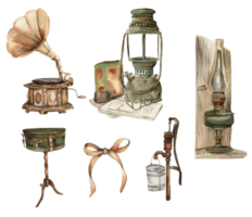 Watercolor illustration set of old rusty elements. An old rusty enamel element. png