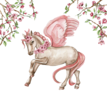 blanco unicornio con rosado alas y rosado flores para guardería, bebé ducha, invitación para cumpleaños fiesta. acuarela ilustración para saludo tarjeta, carteles, pegatinas, embalaje. png