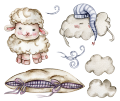 acuarela mano dibujado linda blanco mullido oveja, nubes y suave almohadas png