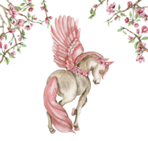 Weiß Einhorn mit Rosa Flügel und Rosa Blumen. zum Kindergarten, Baby Dusche, Einladung zum Geburtstag Party. Aquarell Illustration zum Gruß Karte, Poster, Aufkleber, Verpackung. png