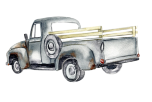 Vintage watercolor gray truck, hand drawn illustration of old retro car on . png
