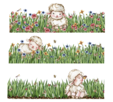 White fluffy sheep sitting in the field of grass with flowers and butterflies. Watercolor hand drawn illustration of farm baby animal . Perfect for greetings card, poster, fabric pattern. png