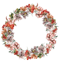 blommor höst krans, för kort, bakgrund. vattenfärg illustration för scrapbooking . tecknad serie hand dragen bakgrund med blomma för design. perfekt för bröllop inbjudan. png