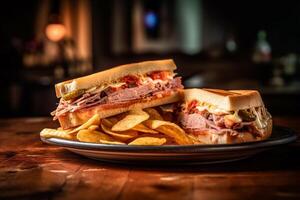 Two cuban sandwiches sitting on a wooden table near a cup of tomato sauce and vegetables on the side, Low-angle Shot, photo
