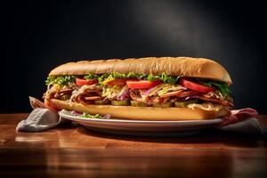 A submarine sandwich are placed on top of a white plate with vegetables on the side, Low-angle Shot, photo