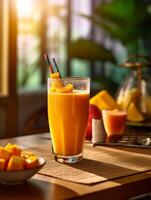 Fresh Orange Juice with a Twist of Mango and Coconut, Low angle Shot, photo