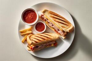 Two cuban sandwiches on top of a white plate with tomato sauce, and vegetables on the side, Flat Lay Shot, photo