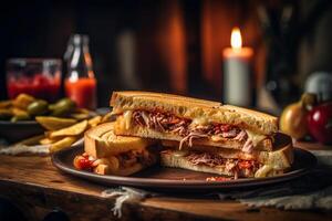 Two cuban sandwiches sitting on a wooden table near a cup of tomato sauce and vegetables on the side, Low-angle Shot, photo