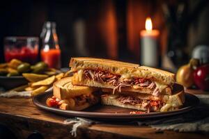 dos cubano emparedados sentado en un de madera mesa cerca un taza de tomate salsa y vegetales en el lado, ángulo bajo disparo, ai generado foto