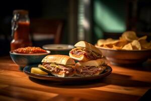 Two cuban sandwiches sitting on a wooden table near a cup of tomato sauce and vegetables on the side, Low-angle Shot, photo