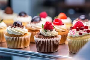 Assorted Mini Cupcakes in a Bakery Display Case, Mid angle Shot, photo