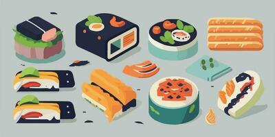 gusto el bondad, a todo color vector ilustración de un Agua en la boca Sushi conjunto