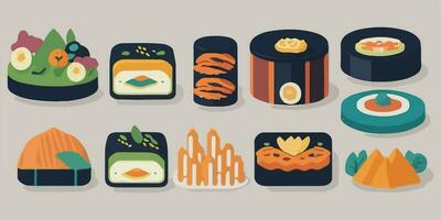 delicioso monería, divertido y vistoso Sushi conjunto ilustración con irresistible caracteres vector