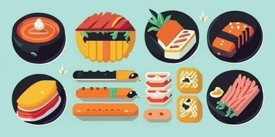 deliciosamente kawaii, encantador y vistoso Sushi conjunto ilustración vector