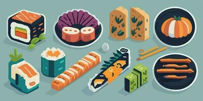 vistoso dibujos animados Sushi colocar, divertido y sabroso japonés delicias vector