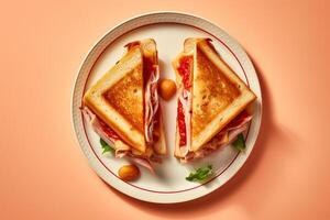 Two cuban sandwiches on top of a white plate, minimal background, Flat Lay Shot, photo