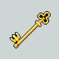 pixel art key. Yellow gold key pixelated design for logo, web, mobile app, badges and patches. Video game sprite. 8-bit. Isolated vector illustration.