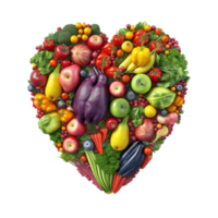 Heart made of fruits and vegetables isolated on transparent background, created with png