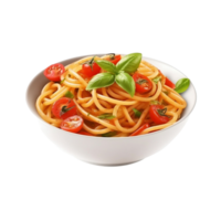 Traditional Italian linguini pasta with tomatoes and basil isolated on transparent background, created with png