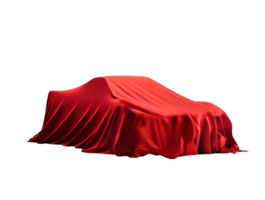 New design car promotion covered with red cloth isolated on transparent background, created with png