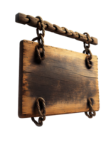 Wooden signboard hanging on the chains on transparent background, created with png