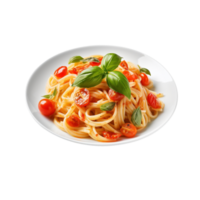 Traditional Italian linguini pasta with tomatoes and basil isolated on transparent background, created with png