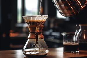 Alternative coffee brewing method,pure over,glass teapot on wooden tray with brewed coffee on dark background. photo