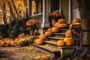 Colorful Pumpkins and Flowers on the Stairs of house, decoration for Halloween. photo