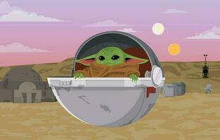 Green Alien with His Space Ship in the Middle of the Dessert vector