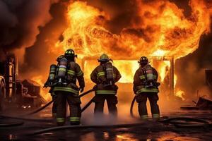 Two uniformed firefighters putting off pire, unrecogzinable people, . photo