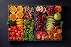 Assorted healthy food with fruit and vegetable in two trays on dark background, photo