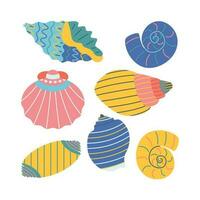 Set of diverse sea shell, aquatic life animals in flat cartoon style. vector