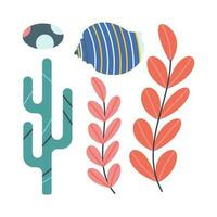 Set of seaweed, seashells in flat cartoon style. vector