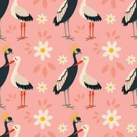 Pattern with stork, crane bird. vector