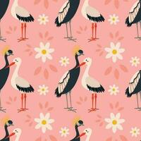 Pattern with stork, crane bird. vector