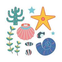 Set of seaweed, seashells, starfish, stones in flat cartoon style. vector