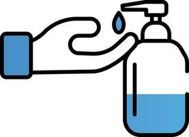 Hand With Pump Bottle Icon In Blue And White Color. vector