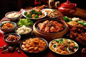 Chinese new year festival table over red background. Traditional lunar new year food. photo