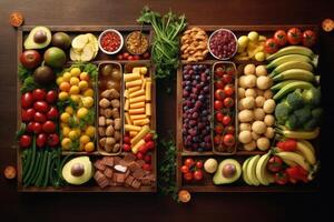Assorted healthy food with fruit and vegetable in two trays on dark background, photo