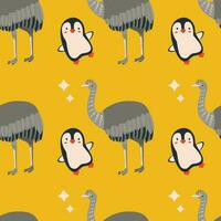 Pattern with penguin, rhea bird. vector